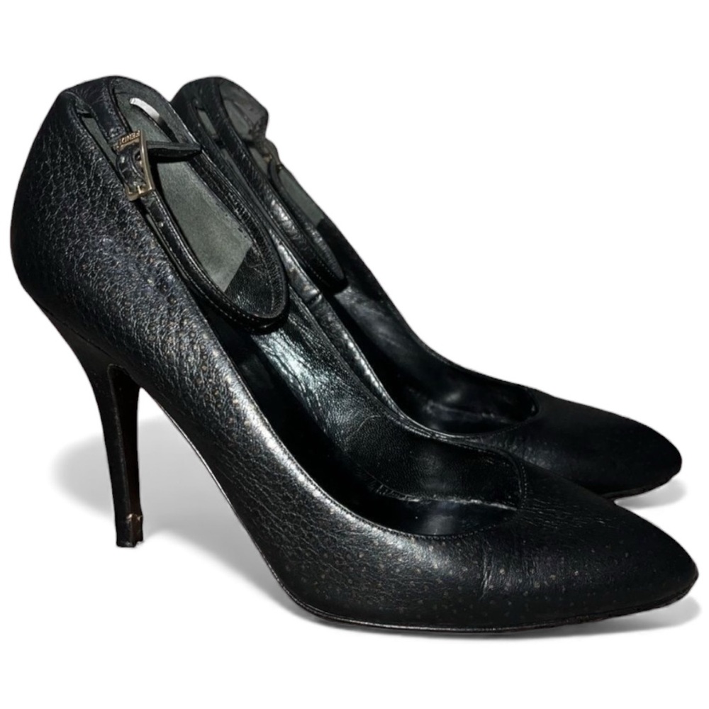 Fendi Black Leather Ankle Wrap Pumps with Pale Gold polka dots Sz 37.5 US 7